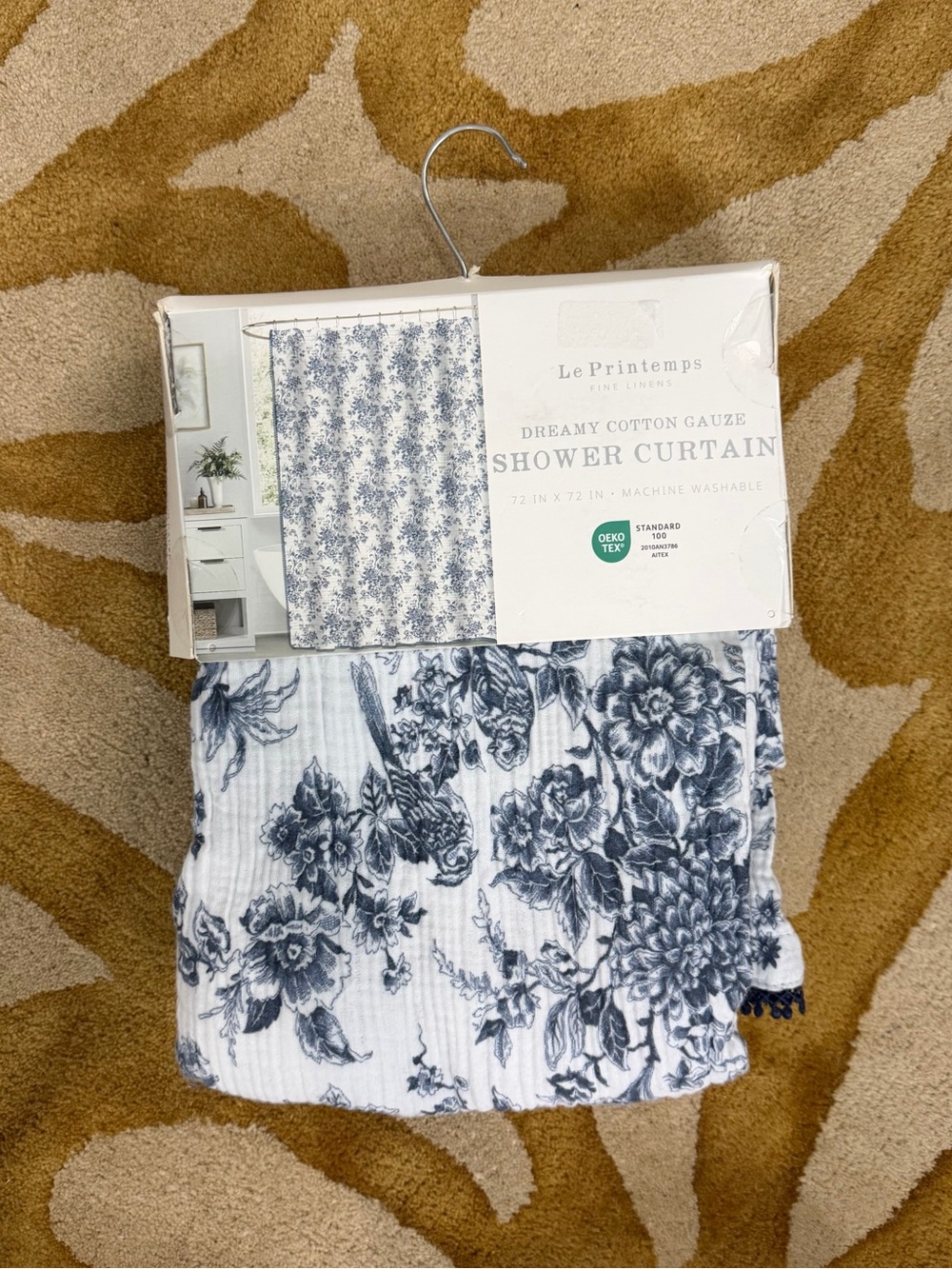Le Printemps Blue Floral Cotton Gauze Shower Curtain